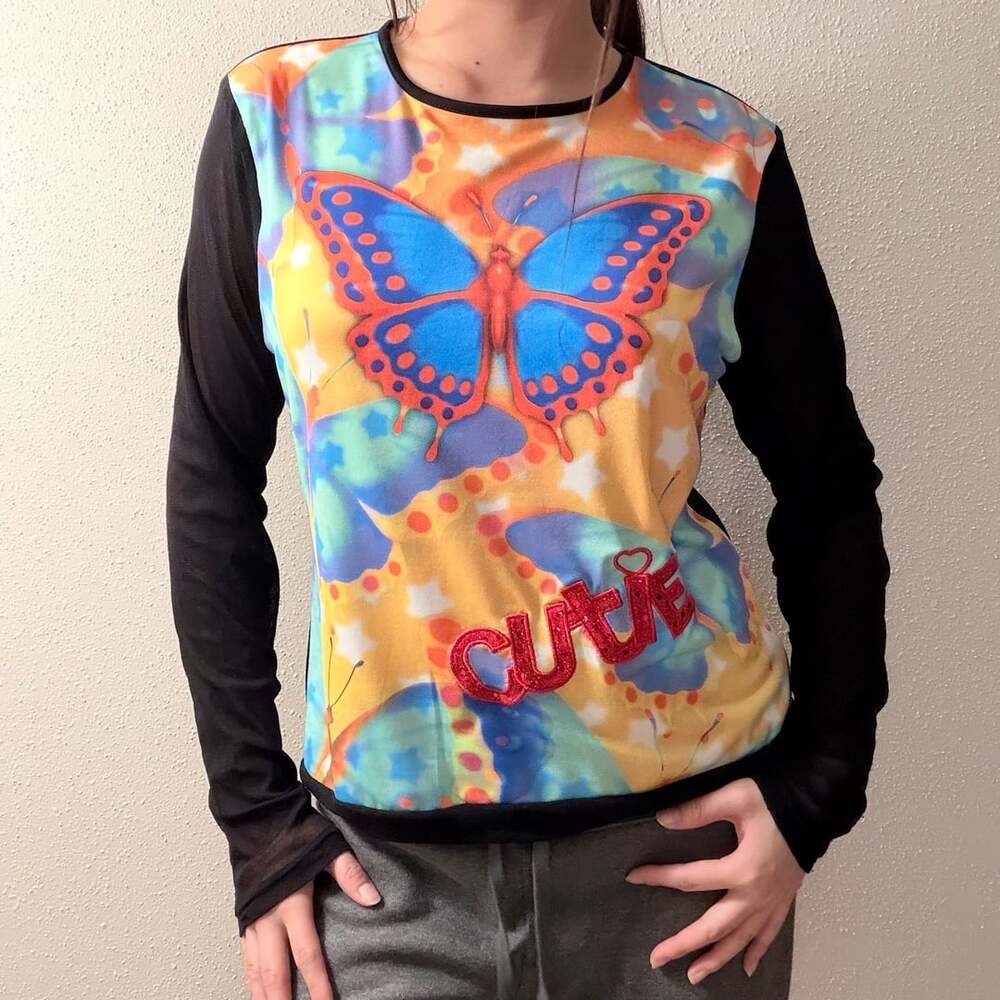 No Boundaries Y2K Butterfly Print Mesh Long Sleeve Top